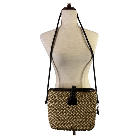 BRIGHTON WOMEN’S WOVEN STRAW JUTE LEATHER CROSSBODY SHOULDER BAG PURSE OLIVE TAN - Picture 2 of 8